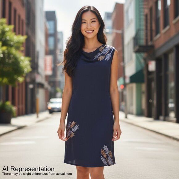 NWT Synergy Shift Dress Size M Black Arrow/Feather Motifs Scoop Neck Knee Length - Picture 1 of 14